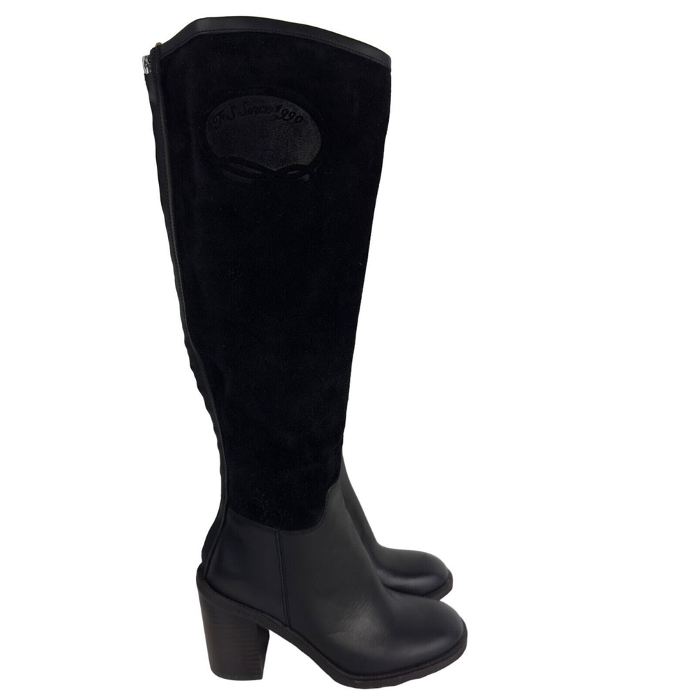 Franco Sarto‎ Nostalgia Tall Boots Black Leather Suede Block Heel Riding 5M - Picture 7 of 16